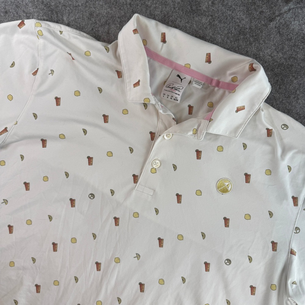 Puma Arnold Palmer Polo Men Large White Lemon Iced Tea Print Golf Shirt